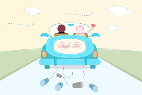 Just Married Couple in Convertible Car with Sample Text